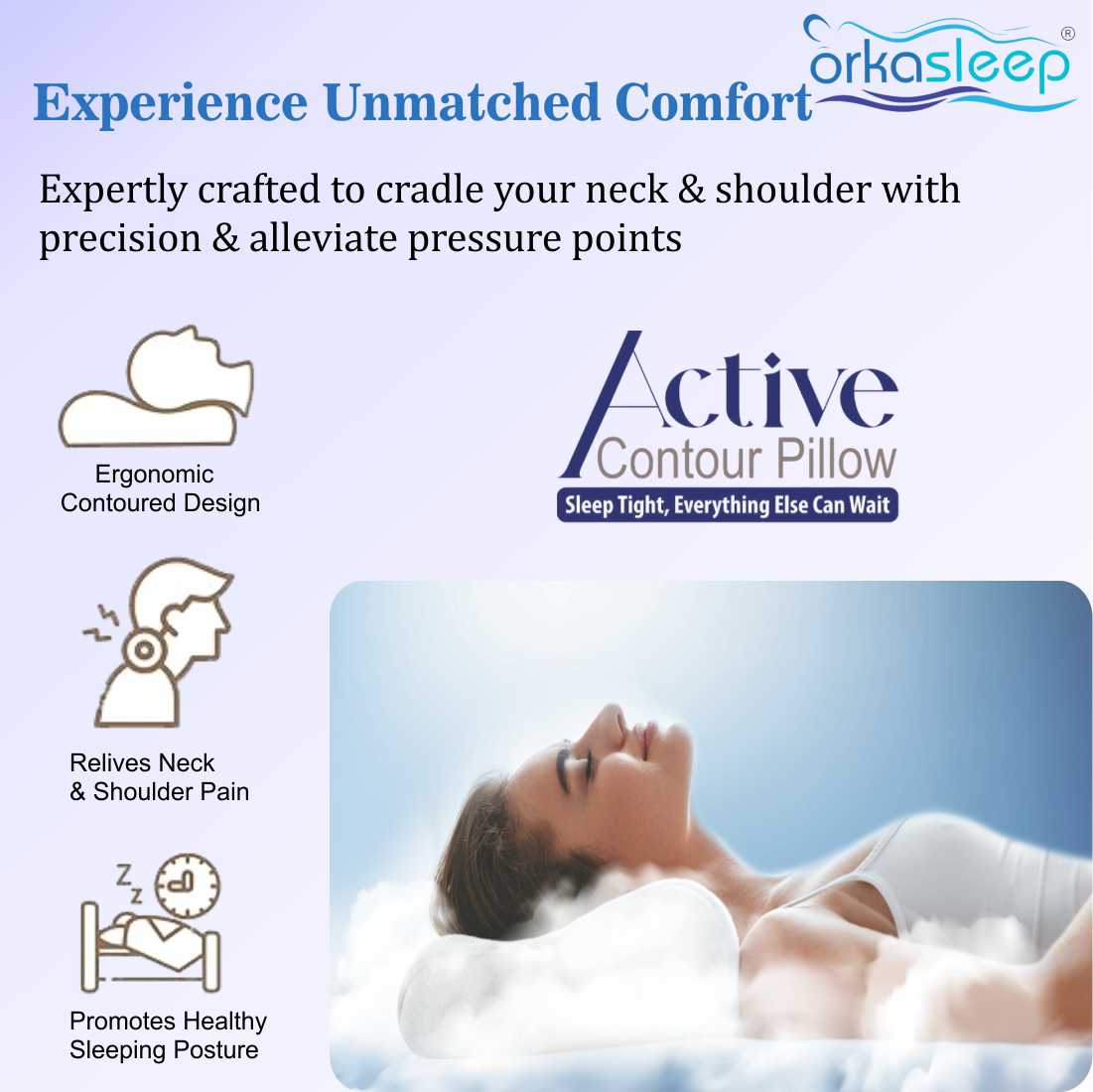 Orkasleep Active Orthopedic Contour Neck Support Pillow for Sleeping, Neck & Shoulder Pain Memory Foam Solid Sleeping Pillow Pack of 1 view 9